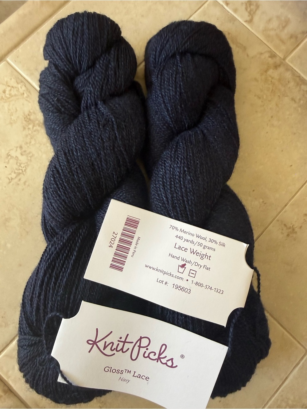 Knit Picks Gloss Lace Navy Lace-Weight Merino/Silk Blend Yarn 2 Hanks